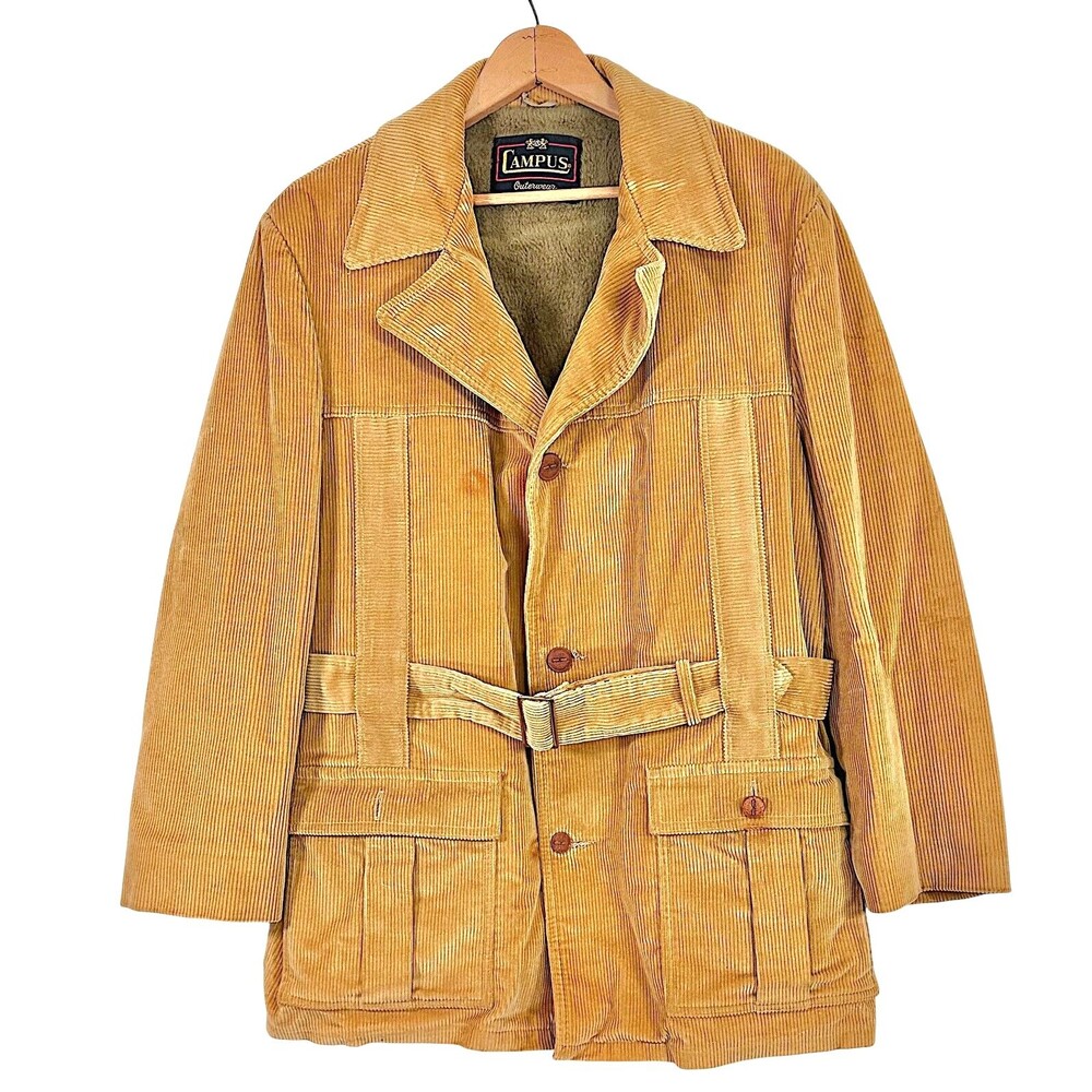 Vintage Campus Outerwear Belted Corduroy Lined Coat Men's 42